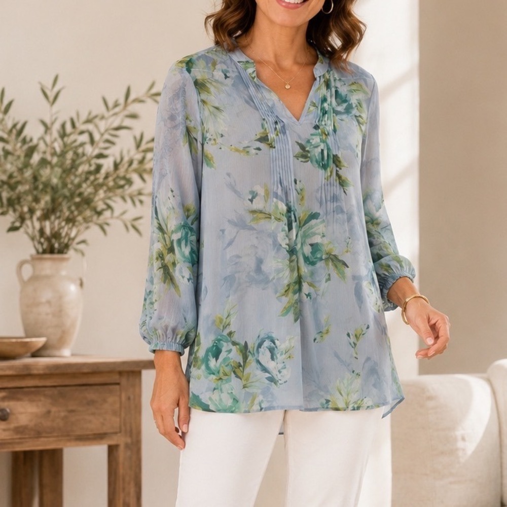Susan Graver Blue Green Floral Pintuck V-Neck Chiffon Tunic Top Womens Large